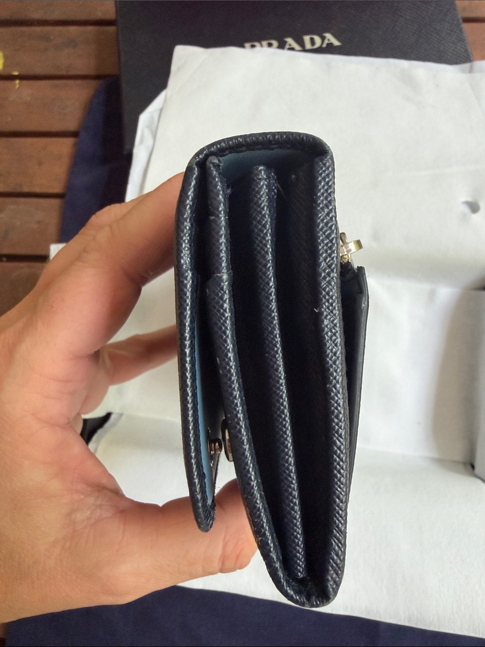 Prada Navy Blue Baltico Saffiano Leather Continental Wallet with Gold Logo - Picture 14 of 16